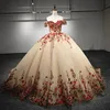 Платье Quinceanera цвета шампанского в форме сердца, бальное платье с открытыми плечами и аппликацией, кружевной корсет из тюля, сладкий 15 Vestidos De XV Anos
