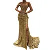 Sexy Gold Mermaid Evening Dresses Long High Side Split Sparkly Sequins Prom Party Gowns Deep V Neck One Off Shoulder Glitter Celebrity Dress