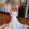 Abiti da sposa a sirena Abito di lusso per la sposa con strascico staccabile Collo trasparente maniche lunghe con perline Abiti da sposa in pizzo Matrimonio D Dhzb0