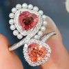 Cluster Rings 925 Silver High Quality Heart-shaped Pink Diamond Ring For Women Opening Olive Leaf Party Wedding Jewelry Gift