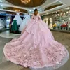 Rosa glänzendes Ballkleid aus der Schulter Quinceanera-Kleider 3D-Blumenapplikationen Spitze Perlen Tull Korsett Vestidos de 15 Jahre