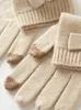 100% Real Cashmere Knitted Gloves Touchscreen Finger Women Autumn Winter Thick Cable Warm Wrist Length Classic Female Mitten240125