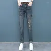 Kvinnors jeans brevmönster byxor för kvinna grafisk hög midja med tryck grossist loosfit glänsande koreanska modebyxor