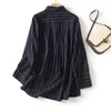 Women's Blouses 2024 Summer Navy Blue Linen Striped Shirt Lapel Long-Sleeved Single-Breasted Loose Commuting All-Match Tops