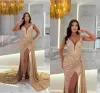 Sexy Gold Split Evening Dresses Spaghetti Straps Beads Sequins Mermaid Prom Party Gown Arabic Robes Deep V Neck BC18169