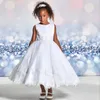 Robes de fille en Satin blanc fleur pour mariage dentelle Appliques enfants robes d'anniversaire longueur de thé petites filles première Communion