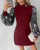 Casual Dresses Fashion Sequin for Women 2024 Autumn Lace Lantern Sleeve Mock Neck Buttons Street Elegant Ladies