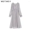 カジュアルドレスWotwoy Elastic Waist Double-Layer Chiffon women v-neckルーズロングスリーブ夏のマキシドレス女性ブラックベシドス