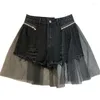 Shorts femininos sexy menina cintura alta magro ajuste preto verão retalhos destacável de duas peças moda denim para senhoras