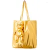 Shoppingväskor Eco Gold Coated Bear Cotton Filling Waterproof Tote Återanvändbar livsmedelsbutik Hög kapacitet Väska