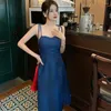 Casual Dresses French Retro Style Denim For Women 2024 Slit Spaghetti Strap A-line Midi Skirt Jeans Dress Elegant Lady