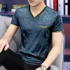 2024 Summer Ice Silk Quick Drying Cool Feel Embroidered Mens Short Sleeved T-shirt V-neck Casual Trendy Clothing