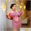 Robes de bal Fllace Plus Taille Aso Ebi Dusty Rose Halter Off Shoder Sirène Dentelle Perles Illusion Soirée Formelle Élégante Partie D'anniversaire Dhwo6