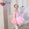 Palco desgaste de manga comprida vestido de balé meninas treinamento saia tutu clássico roupas de dança crianças exame collant renda costura rosa