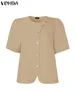 بلوزات المرأة النسائية بلوزة أنيقة 2024 Vonda Vintage Solid Color Tops Fashion Short Sleeve Buttons o-te-jock disual blusas blusas baggy