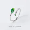 Cluster Ringe Modian Grüne Emaille Blätter Zweig Ring für Frauen Mode Echte 925 Sterling Silber Pflanze Freie Größe Feine Schmuck Geschenk