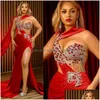 Robes de bal rouge sirène élégante soirée haute fente cristaux de perles robe de bal formelle pour les occasions spéciales robe de fête d'anniversaire deuxième rec Dh6Zr