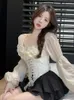 Women's Blouses Korejepo Niche Sexy Lace Shirt Waistband Lantern Sleeves Irregular Slim Fit Shirts Top 2024 Gentle Princess Casual