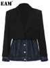 EAM Women Black Denim Spliced Long Blazer Lapel Long Sleeve Loose Fit Jacket Fashion Spring Autumn 2024 1DE1679 240201