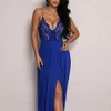 Casual Dresses Spring High midje lapptäcke Pleat Long Dress Women Deep V-ringen broderi spetsfest sommar ärmlös slit maxi