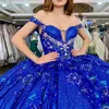 Синий блестящий кристалл с блестками бальное платье Quinceanera платья с открытыми плечами аппликация кружевные бусины корсет Vestidos De 15 Anos