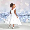 Robes de fille en Satin blanc fleur pour mariage dentelle Appliques enfants robes d'anniversaire longueur de thé petites filles première Communion