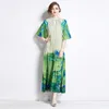 Бальные платья 2024, высокое качество, плиссированное платье макси Miyake, весеннее женское платье с воротником-стойкой и бисером, с половиной рукавом и цветочным принтом, свободный жемчужный пояс, длинный