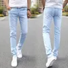 Erkek Kot 2024 Erkekler Sıska Sıska Erkek Tasarımcı Markası Süper Elastik Düz Pantolonlar İnce Fit Moda Sky Mavi