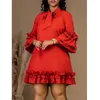 Etniska kläder Fashion Women African Evening Party Dresses Plus Size Ruffles Sleeve Casual Dress Soe Up Neck Solid Color Dashiki