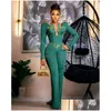 Prom klänningar grön ASO EBI för speciella OCNS Jumpsuits Long Hidees Elastic Satin Pärled Evening Formal Dress Nigeria Black Women Ene DH7AP