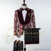 Herrenanzüge Blazer 3 Stück Bräutigam Anzüge für Hochzeit Männer Anzug Set 2022 Formeller Luxus Burgunderrot Jacquard Terno Masculino Completo Slim Fit Smoking