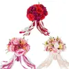 Bröllopsblommor Brudbukett Artificial Rose Fake Chrysanthemum Orchid Holding With Long Ribbon Party Decoration