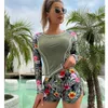 2024 Sexy Womens Designers New European and American Surfing Suit Long sleeved Anti Diving Suit Printed Flat Angle Split Conservative Swimwear for Women