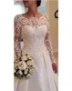 vintage Wedding Dresses A Line Sheer scallop neck illusion bodice long sleeves Backless Lace applique and Satin Bridal Wedding Gowns court train