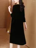 Casual Dresses 2024 Black Velvet Embroidery Floral Luxury Midi Dress Women Korean Vintage Hepburn Prom Autumn Winter Elegant