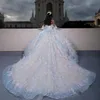 Luxury Sky Blue Champagne Off Shoulder Ball Gown Quinceanera Dress Princess Lace Beads Feather Rhinestones Vestidos DE 15 ANOS