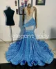 Sky Blue Velvet Blowly Evening Sukienki dla kobiet luksusowe diamentowe ceremonię ceremonii kryształowej szatę de soiree czarna dziewczyna