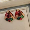 Boucles d'oreilles à clous en Zircon coloré pour femmes, Triangle, pierre rouge et verte, glaçure goutte à goutte, métal, bijoux de dîner, cadeau de fête