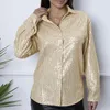 Kadın bluzları Kadın tek göğüslü yakalı yaka bluz gömlekleri 2024 bahar parıltılı payet köpek kulübeleri üstleri sonbahar uzun kollu gevşek ofis