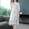 Vestidos de festa estilo chinês vintage bordado a linha vestido senhoras verão elegante solto meia manga retro gola feminina dd791