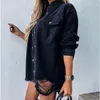 Vestes Femmes Femmes Mode Ripped Mid-Longueur Jeans T-shirts 2024 Automne Manches longues Denim Tops Sexy Boyfriend Lâche Femme Mince Manteaux S-XL