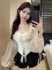 Women's Blouses Korejepo Niche Sexy Lace Shirt Waistband Lantern Sleeves Irregular Slim Fit Shirts Top 2024 Gentle Princess Casual