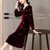 Party Dresses Early Red Golden Velvet Dress Female Noble And Westernized French Casual V-neck Long Sleeve A-line Tops