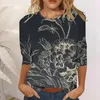 Women's T Shirts Vintage Floral Print 7/10 Sleeve Crew Neck Shirt Top Workout Womens Long Tops
