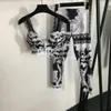 Fashion Sportswear Luxury Geometric Print Tracksuits Webbing Cropped Designer Yoga Outfits Casual Padded Leggings Yoga Set