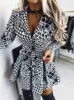 Casual Jurken Houndstooth Luipaard Print Gekerfde Kraag Werkjurk Vrouwen Mini Nacht Hoge Taille Dans Bruiloft Prom Y2k Zomer vestidos