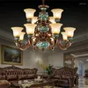 Lustres de luxe Style européen Vintage classique verre givré abat-jour résine lampe suspendue avec sculpture fleurs décor lumières