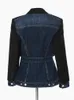 EAM femmes noir Denim épissé Long Blazer revers à manches longues coupe ample veste mode printemps automne 2024 1DE1679 240201