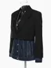 EAM femmes noir Denim épissé Long Blazer revers à manches longues coupe ample veste mode printemps automne 2024 1DE1679 240201