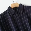 Kvinnors blusar 2024 Summer Navy Blue Linen Striped Shirt Lapel Långärmad enkelbröstad lös pendling All-Match Tops